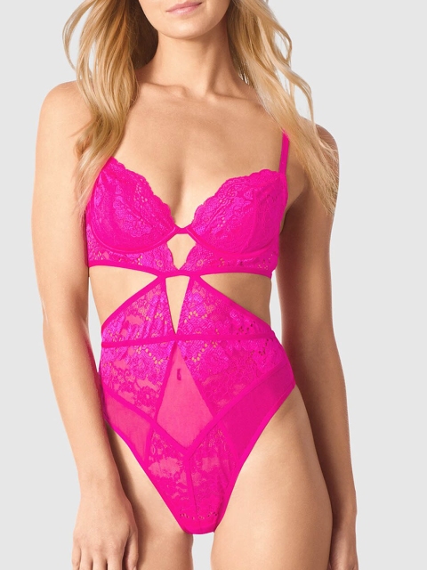 

La Senza Women Magenta-Pink Self-Design Lace Sleep Bodysuit