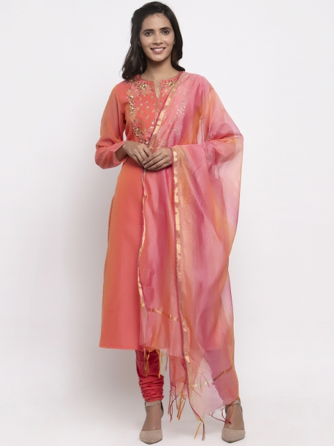 

Kiaasa Women Peach-Coloured Embroidered Kurta with Churidar & Dupatta