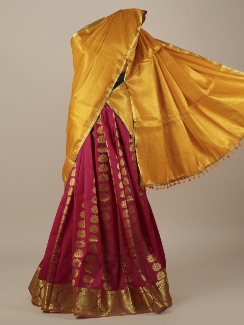 

Pothys Mustard Yellow & Red Tissue Woven Design Lehenga Saree