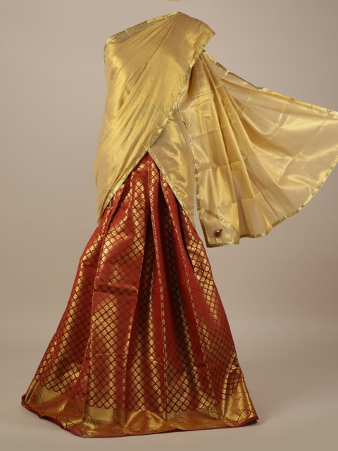 

Pothys Cream-Coloured & Maroon Tissue Woven Design Half Saree