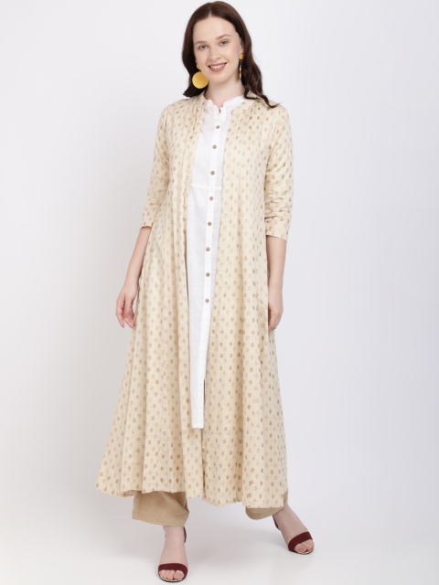 Vedic Women Off-White Printed Open Front Jacket