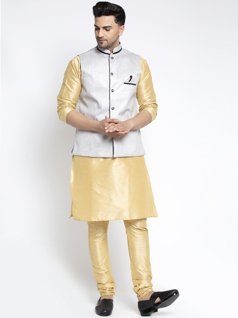 

Benstoke Men Gold-Toned Solid Kurta with Churidar and Nehru jacket