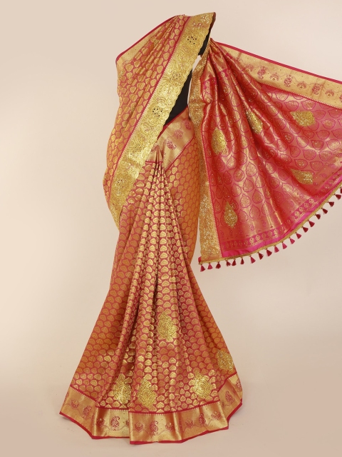

Pothys Magenta & Gold-Toned Pure Silk Woven Design Kanjeevaram Saree