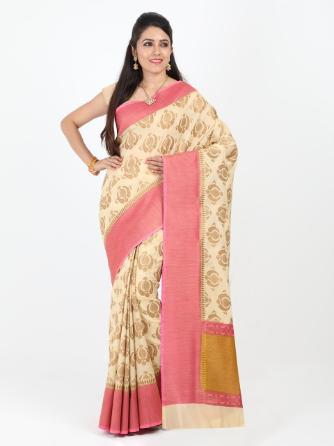 

SABOO COLLECTIONS Beige & Pink Silk Blend Woven Design Banarasi Saree