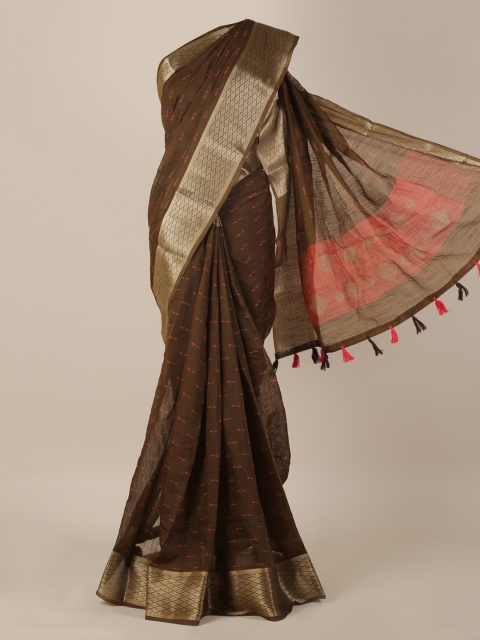 

Pothys Coffee Brown & Pink Linen Blend Printed Saree