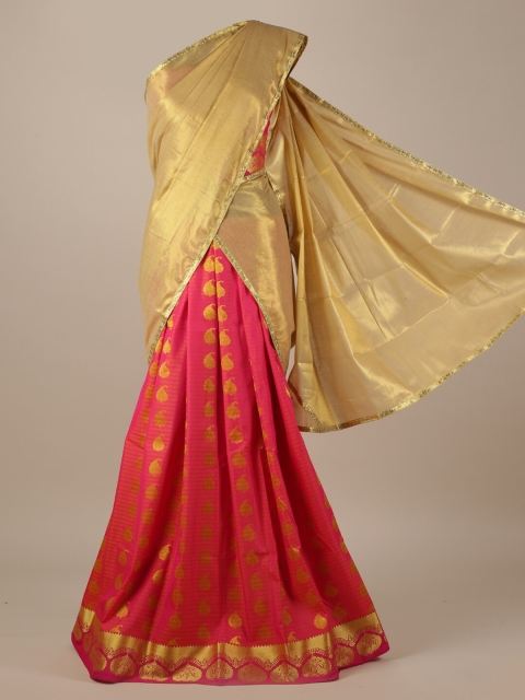 

Pothys Gold-Coloured & Pink Tissue Woven Design Lehenga Saree