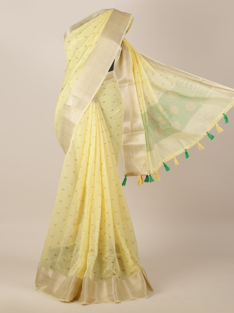 

Pothys Yellow Printed Linen Blend Saree