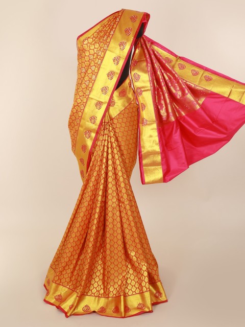 

Pothys Orange & Gold-Coloured Pure Silk Woven Design Kanjeevaram Saree