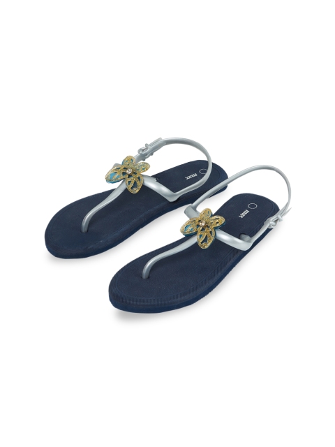 

max Women Blue Embellished T-Strap Flats