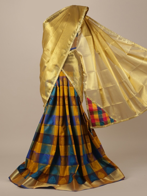 

Pothys Gold-Coloured & Blue Tissue Checked Half Saree