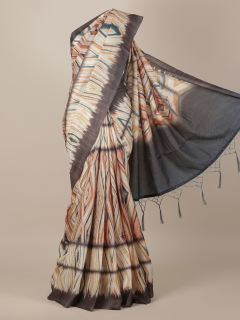 

Pothys Cream-Coloured & Black Jute Silk Printed Saree