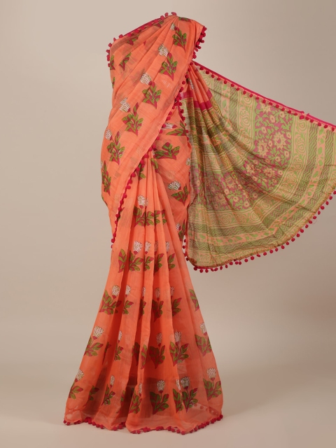 

Pothys Peach-Coloured Printed Linen Blend Saree