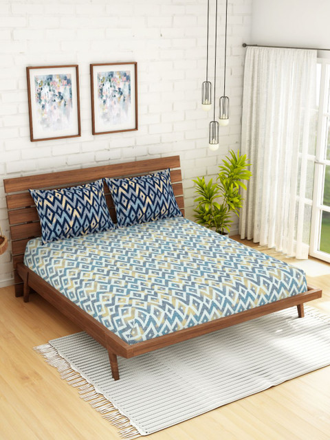 

SPACES Blue & White Printed 144 TC Double Bedsheet with 2 Pillow Covers