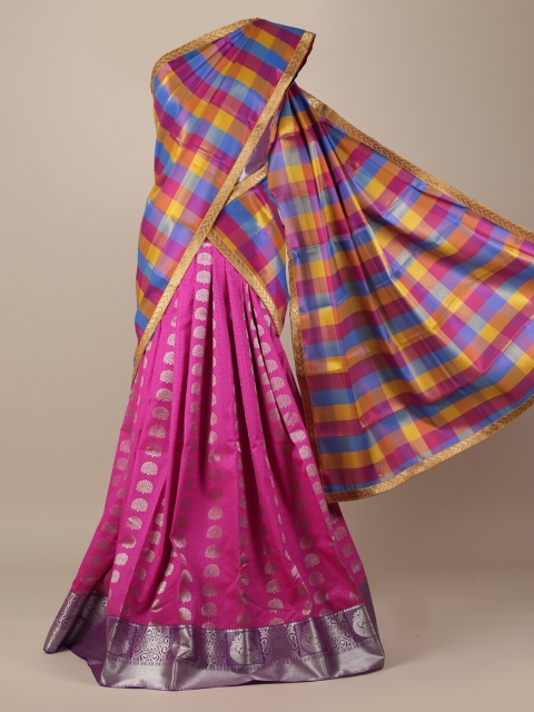 

Pothys Fuchsia & Silver-Toned Tissue Woven Design Half Saree