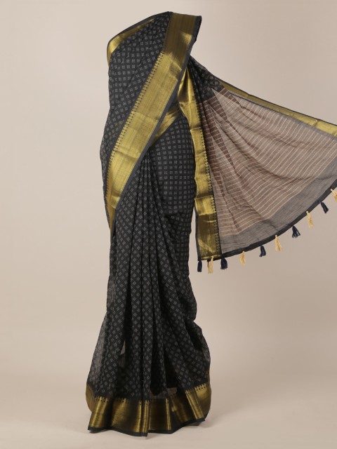 

Pothys Black & Gold-Toned Linen Blend Woven Design Saree