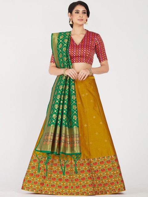 

MIMOSA Brown & Red Woven-Design Semi-Stitched Lehenga & Unstitched Blouse With Dupatta