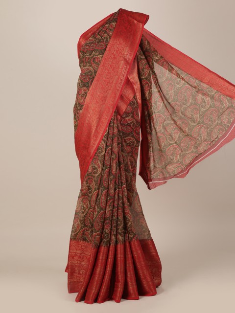 

Pothys Olive Green & Orange Jute Silk Printed Saree