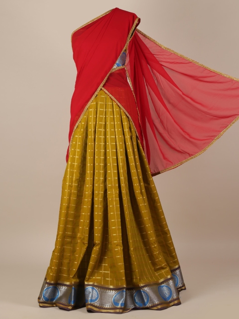

Pothys Red & Mustard Yellow Poly Chiffon Checked Half Saree