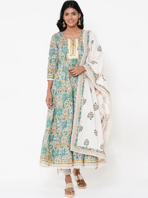 

FASHOR Women Green & Yellow Printed Kurti with Trousers & Dupatta