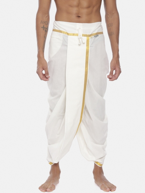 

UATHAYAM Men White & Gold-Coloured Solid Ready Made Panchakacham Dhoti Pants