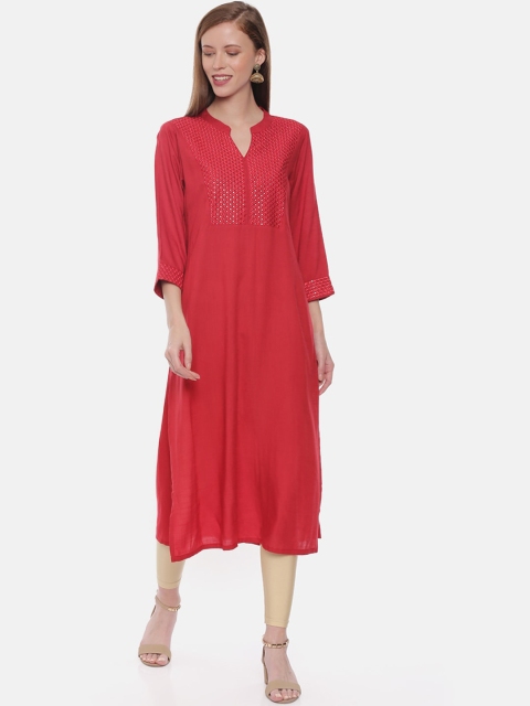 

Neerus Women Red Embroidered A-Line Kurta