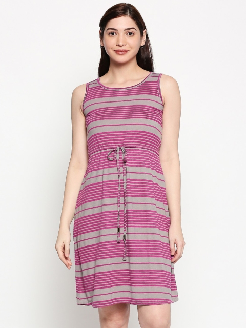 

inocenCia Women Pink & Grey Striped Fit and Flare Dress