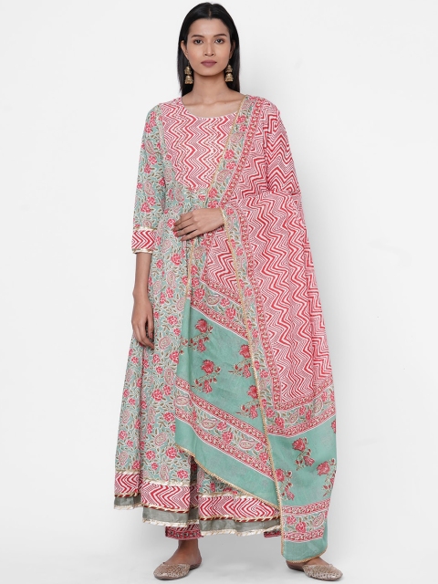 

FASHOR Women Green & Red Printed Kurta with Sharara & Dupatta