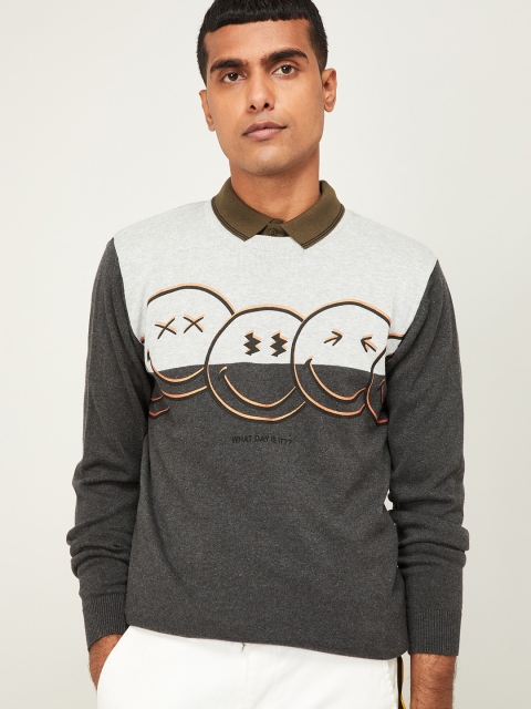

Smiley World Men Grey & Orange Printed Pullover Sweater