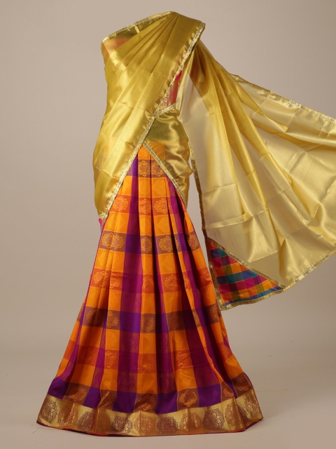 

Pothys Gold-Coloured & Orange Tissue Checked Lehenga Saree