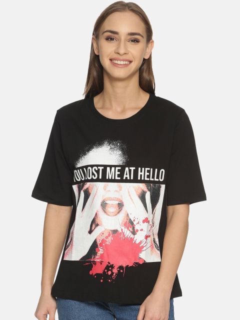 

KULTPRIT Women Black Printed Round Neck T-shirt
