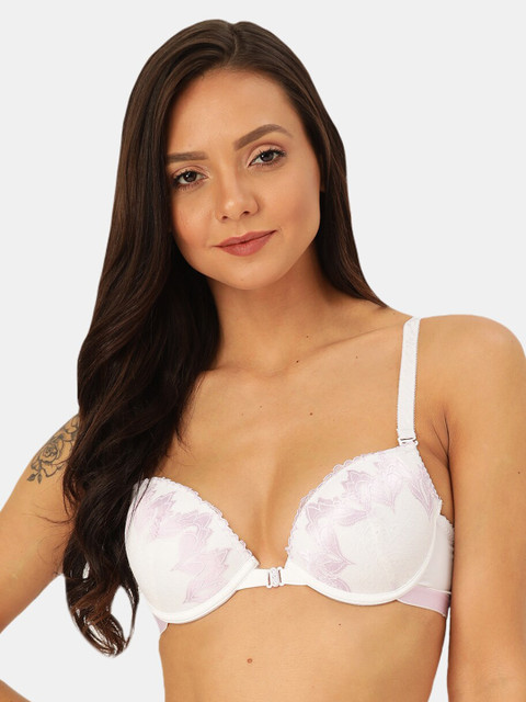 

MAKCLAN White & Purple Lace Underwired Lightly-Padded Plunge Bra K23022BQ