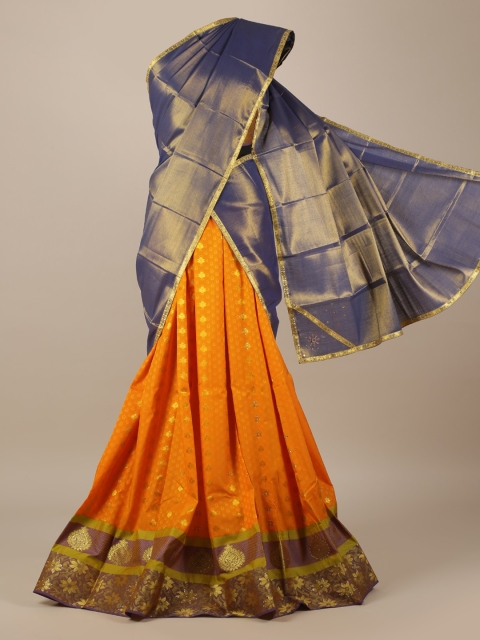 

Pothys Blue & Orange Tissue Solid Half Saree