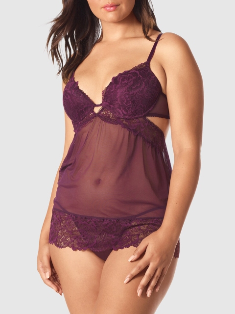 

La Senza Women Burgundy Lace Sheer Baby Doll With Thongs