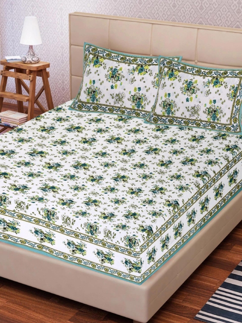 

Tistabene Green & White Floral Printed 144 TC Cotton King Size Bedsheet with 2 Pillow Covers