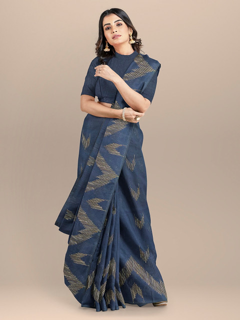 

BharatSthali Navy Blue Silk Cotton Printed Taant Saree
