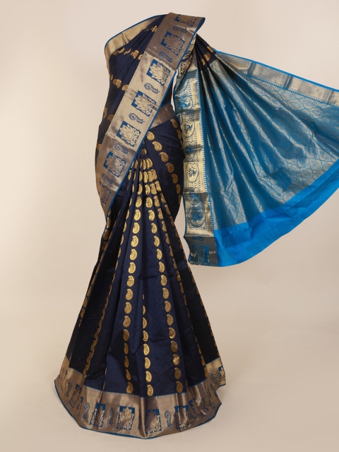 

Pothys Navy Blue & Gold-Toned Pure Silk Woven Design Kanjeevaram Saree
