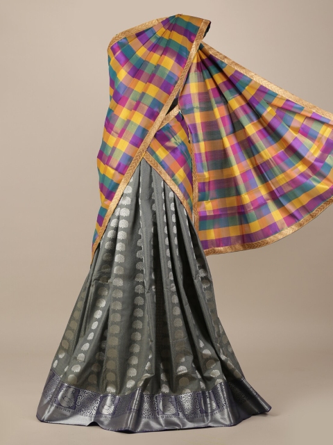 

Pothys Grey & Yellow Tissue Checked Lehenga Saree