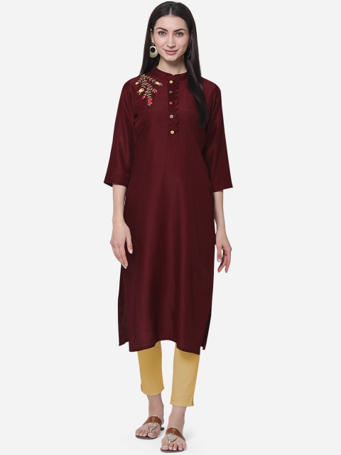 

Kvsfab Women Maroon Embroidered A-Line Kurta