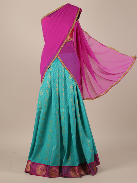 

Pothys Pink & Sea Green Poly Chiffon Woven Design Saree