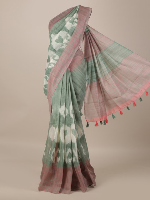 

Pothys Cream-Coloured & Green Jute Silk Printed Saree