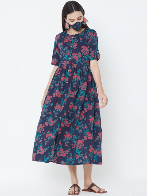 

FASHOR Women Navy Blue Printed Fit and Flare Dress with 2-Ply Mask