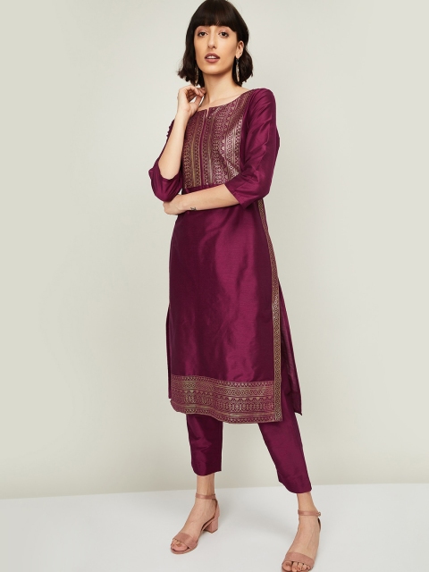 

Melange by Lifestyle Women Burgundy Woven Design Kurta with Trousers