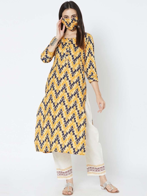 

FASHOR Women Yellow Printed Straight Kurta