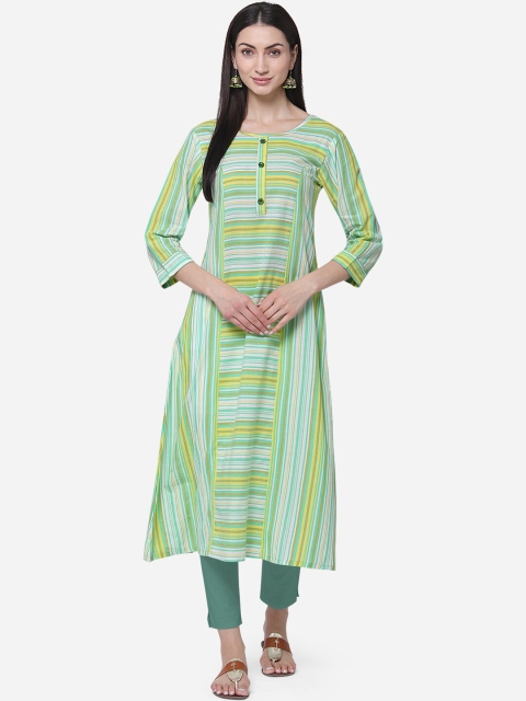 

Kvsfab Women Green & White Striped A-Line Kurta