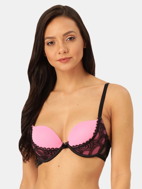 

MAKCLAN Pink & Black Solid Lightly Padded Underwired Lace Plunge Bra-K32010BA
