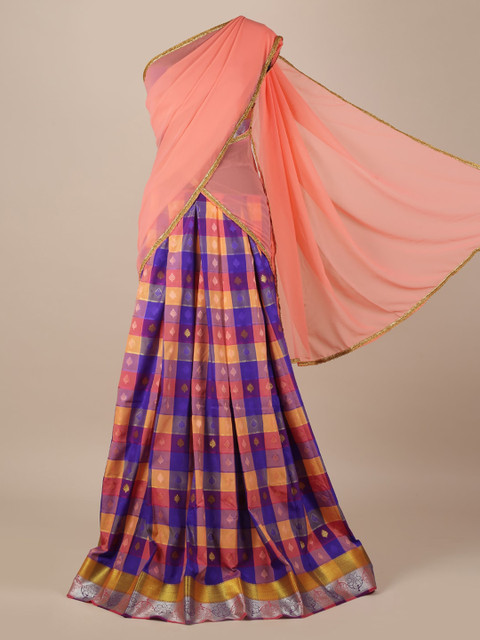 

Pothys Peach-Coloured & Blue Poly Chiffon Woven Design Saree