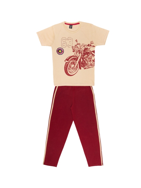 

Todd N Teen Boys Beige & Maroon Printed T-shirt with Solid Trousers