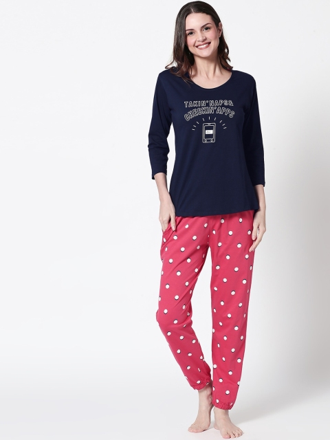 

Zeyo Women Navy Blue & Red Printed Night Suit