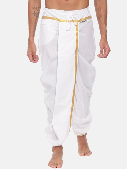 

UATHAYAM Men White & Gold-Coloured Solid Ready Made Panchakacham Dhoti Pants
