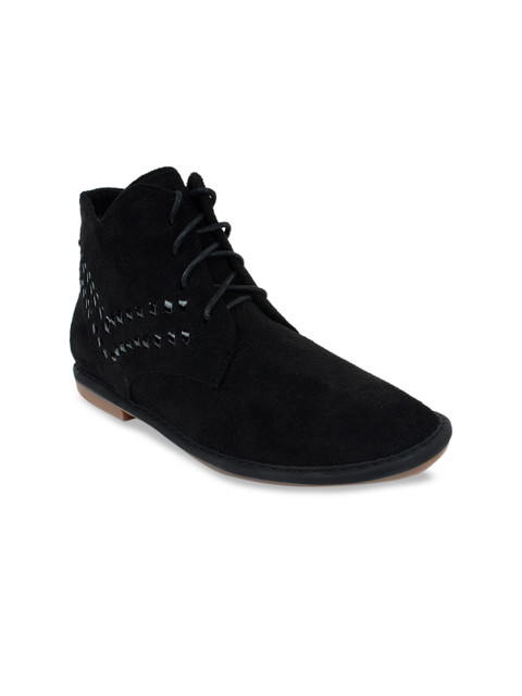 

MSC Women Black Solid Synthetic Suede Mid-Top Flat Boots
